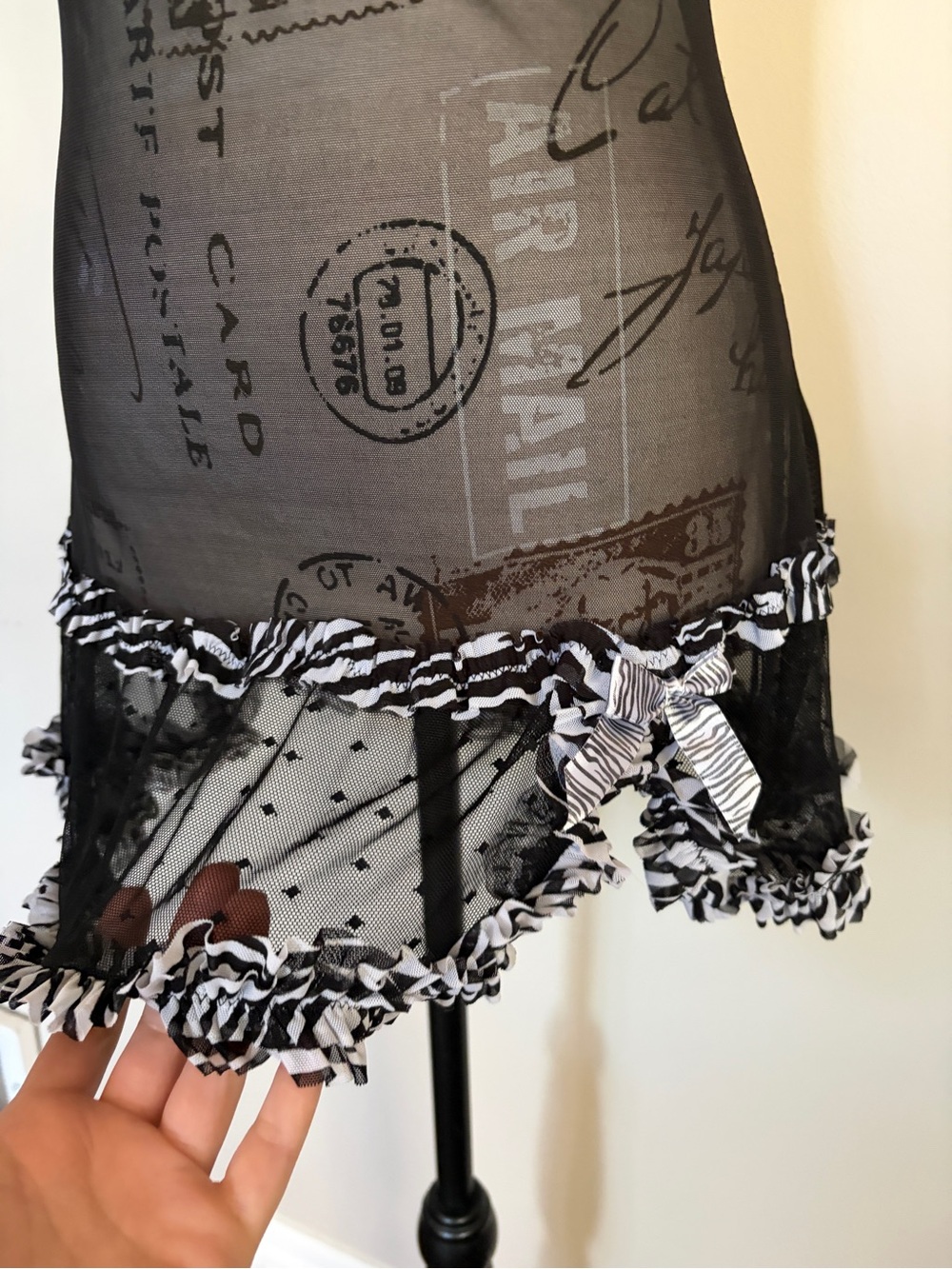 Y2K Vintage Black Sheer Chemise Zebra Trim Lingerie Whimsigoth 2000s - Picture 3 of 9